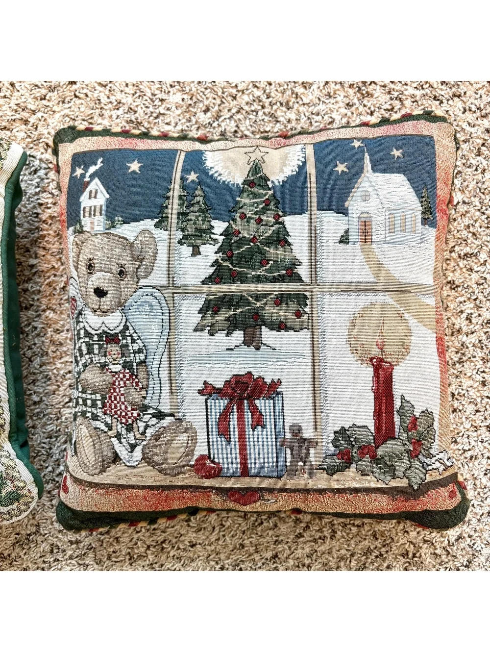 Set of 2 Vintage Christmas Tapestry Throw Pillows Deer Teddy Bear Holiday 16x16